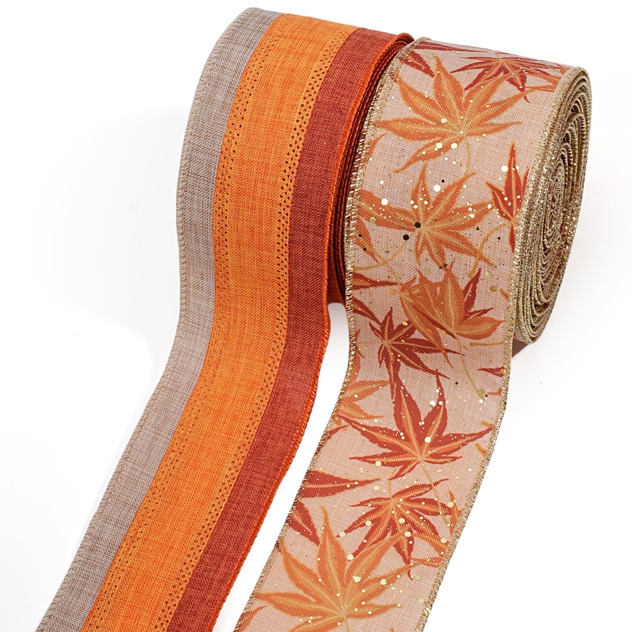 Fall Burlap Ribbon Wired 2 1/2" x 10 Yards 2 Rolls, Maple Leave Striped Ribbon for Autumn Wreath Thanksgiving Farm Gift Wrapping Home Decor